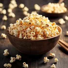 Delicious Popcorn in a Wooden Bowl