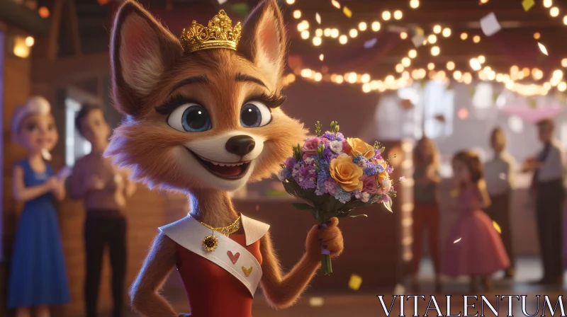 Cartoon Fox with Crown and Bouquet AI Image