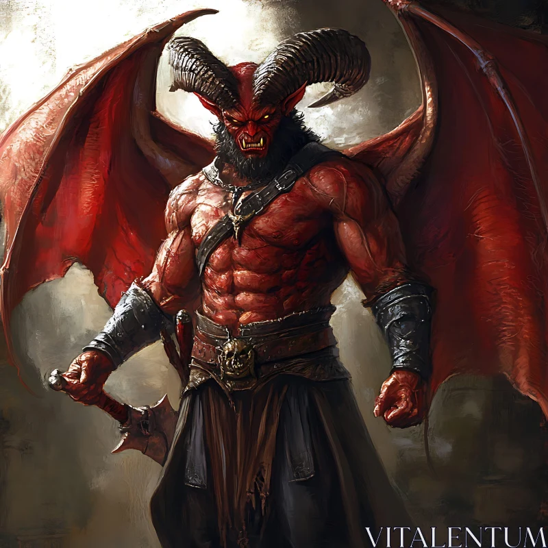 AI ART Red-Skinned Demon with Horns and Wings