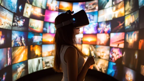 Woman in VR Headset Surrounded by Screens