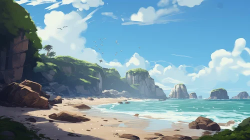 Anime-Inspired Beach Scene with Waves and Rocks