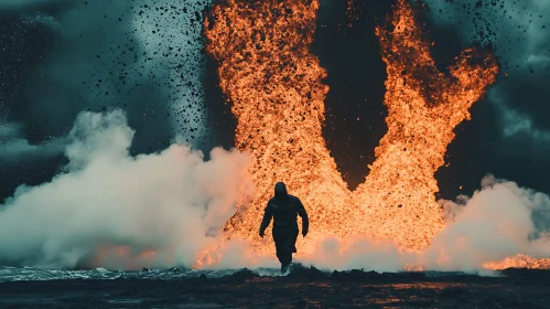 Figure Walking Towards Fiery Lava