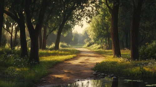 Tranquil Woodland Path with Morning Sunlight