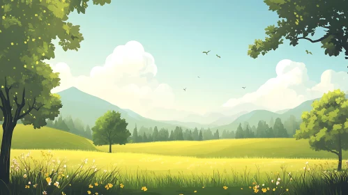 Scenic Meadow with Trees and Cloudy Sky