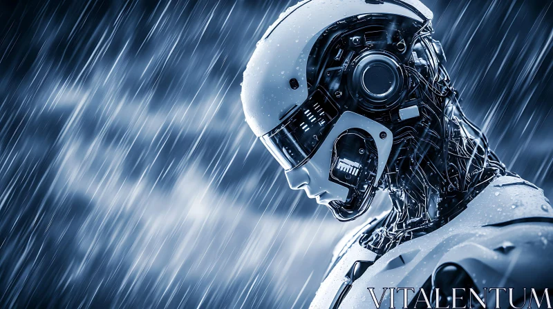 Cybernetic Robot Under Rainy Sky AI Image