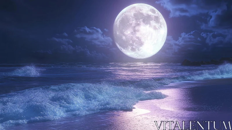 AI ART Full Moon Over Peaceful Night Beach