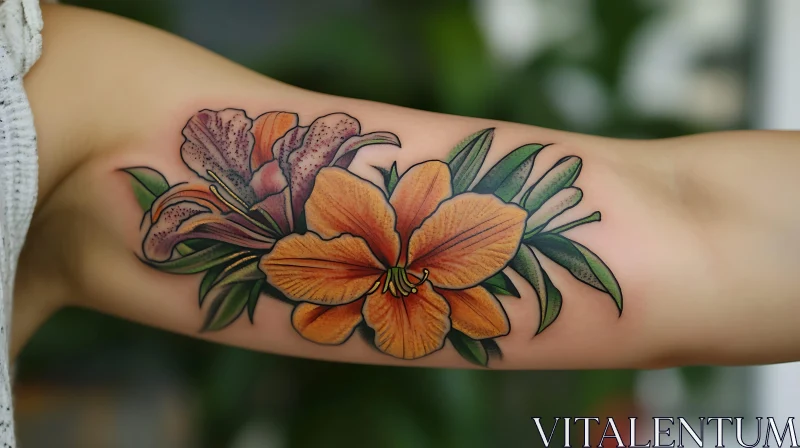 Colorful Lily Arm Tattoo - Artistic Floral Ink AI Image