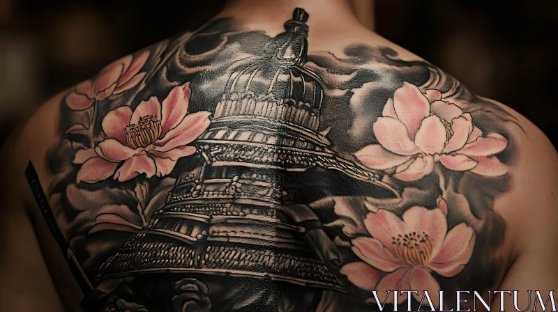 Japanese Themed Back Tattoo with Pagoda and Flowers AI Image