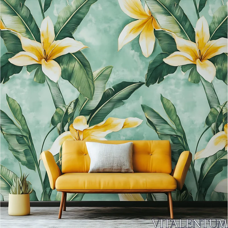 AI ART Yellow Sofa with Floral Wallpaper Design