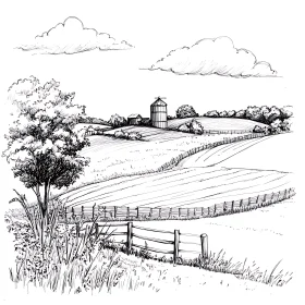 Rural Farm View Line Art