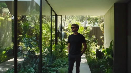 Indoor Garden with Man in Sunglasses