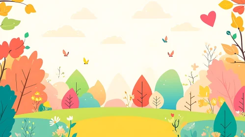 Stylized Spring Landscape with Butterflies