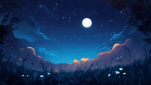 Moonlit Meadow Under a Starry Sky