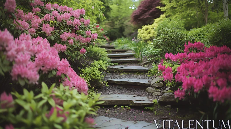 Stone Steps Through a Flower Garden AI Image