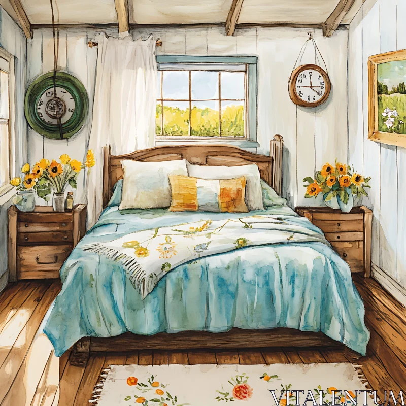 AI ART Cozy Bedroom Interior with Floral Accents