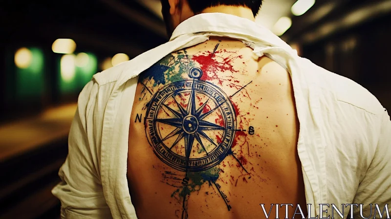 Compass Back Tattoo with Vibrant Ink Splatter AI Image