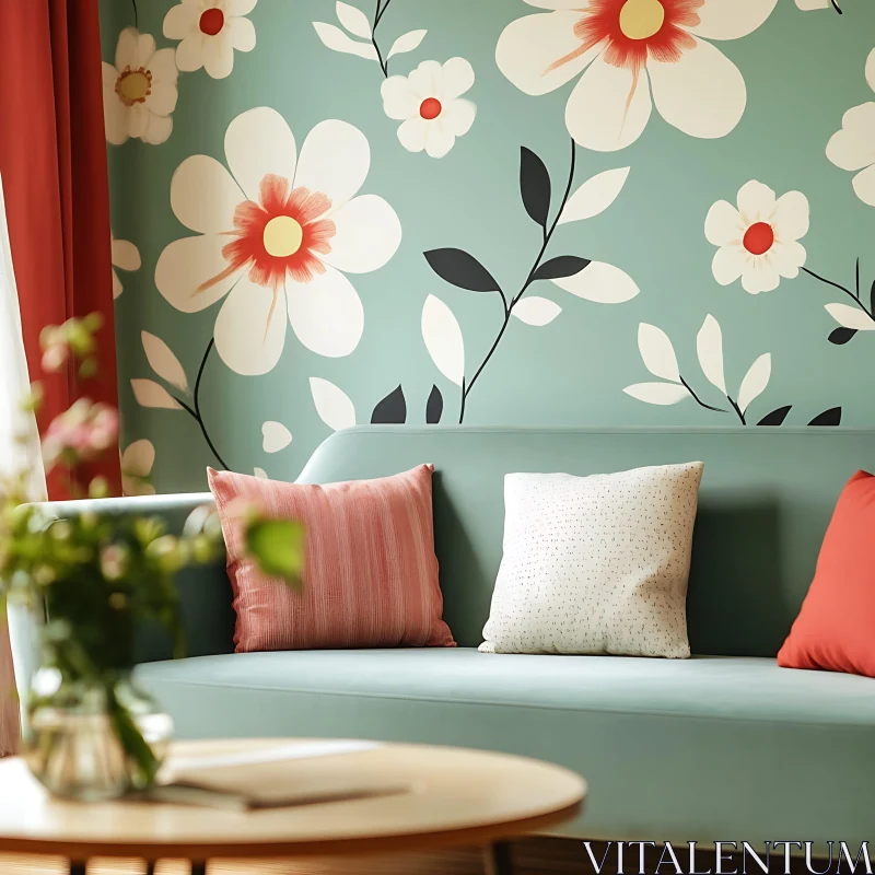 Blue Couch with Floral Wallpaper AI Image