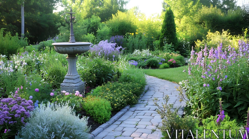 Floral Garden with Fountain and Pathway AI Image