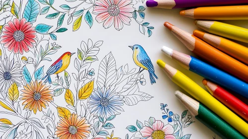 Birds and Flowers Art with Pencils