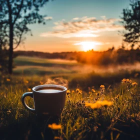 Coffee Cup in a Field at Dawn