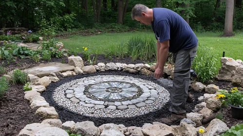 Man Arranging Stones in Garden Mosaic