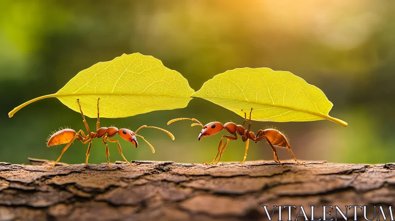 Ants Collaborating with Leaves on Tree Branch AI Image