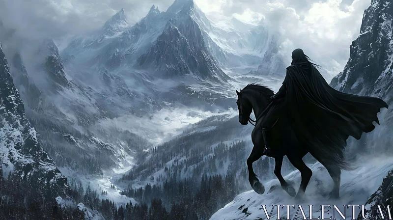 Dark Rider in Snowy Mountains AI Image