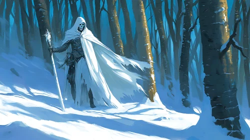 Cloaked Figure in Winter Woods