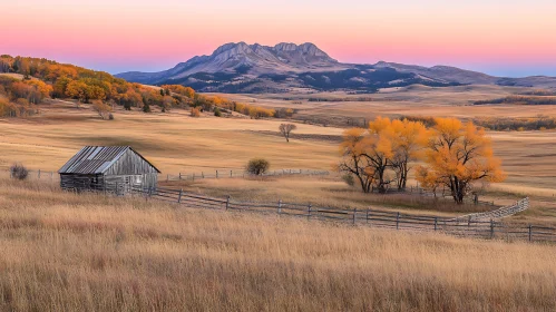 Rustic Barn Amidst Golden Fields and Mountains