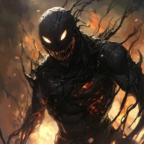 Menacing Dark Creature in Fiery Landscape