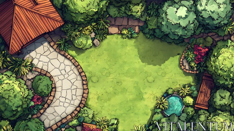 Overhead Garden with Pond and Path AI Image