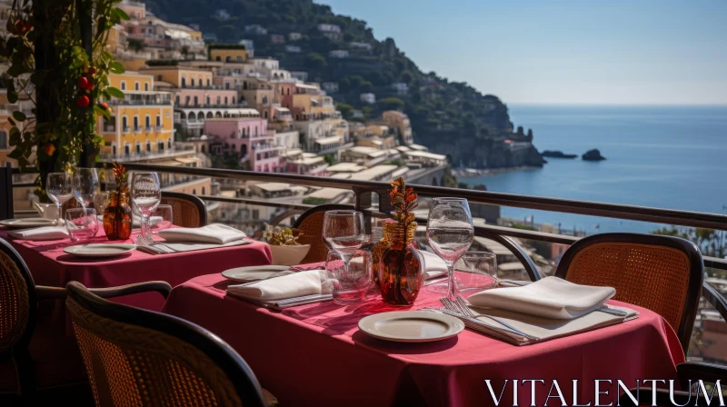 Elegant Table Settings in Terraced Cityscapes: A Captivating Image AI Image