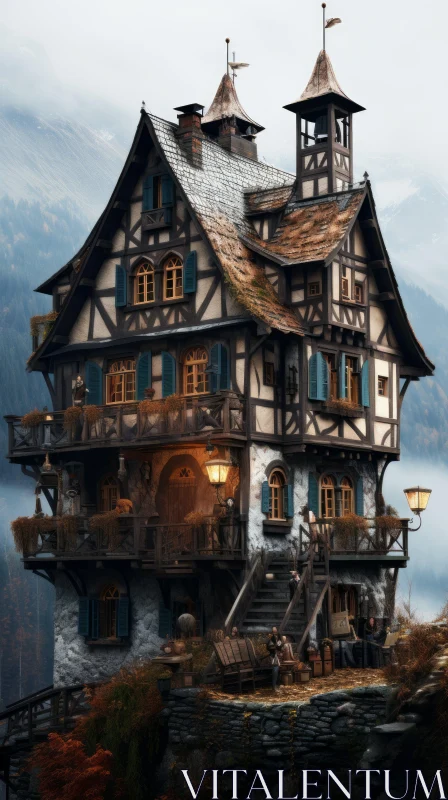 Exquisite Craftsmanship: A Mesmerizing Fantasy House on a Mountainside AI Image