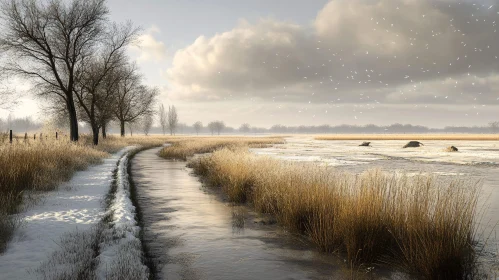 Winter Marshland with Frozen River and Bare Trees