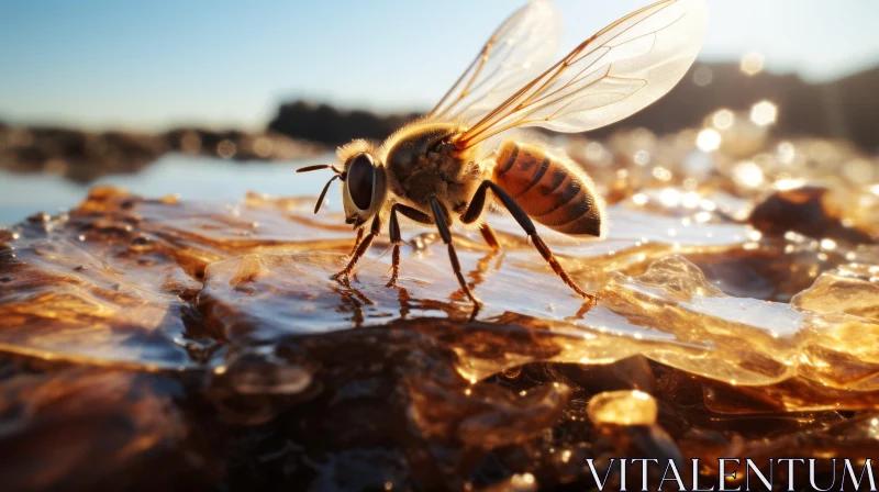 Honeybee on Ice: A Dance of Light and Shadow at Sunrise AI Image