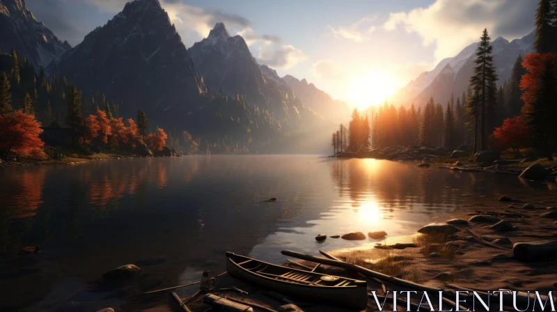Idyllic Lake and Mountain Scene in Golden Light AI Image