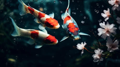 Realistic Chiaroscuro Rendered Koi Fish Amidst Blossoms