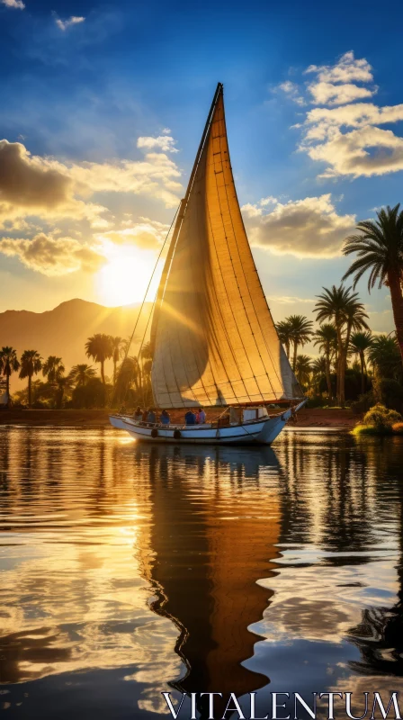 Tranquil Sailboat near Palm Trees at Sunset - Ancient Egypt Inspired AI Image