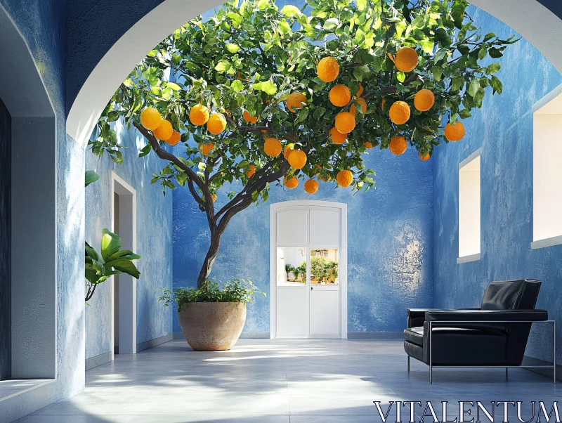 Serene Interior with Orange Tree Accent AI Image