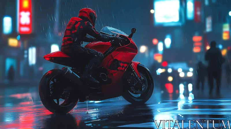 Night Ride: Motorcycle in Urban Rain AI Image