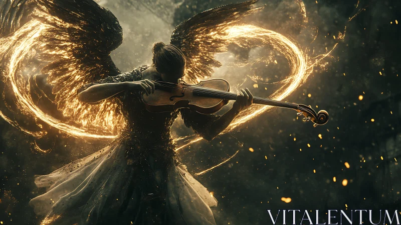 Angel with Violin and Golden Wings AI Image