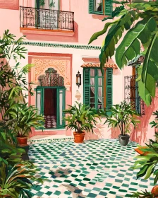 Sunlit Courtyard with Green and Pink Hues