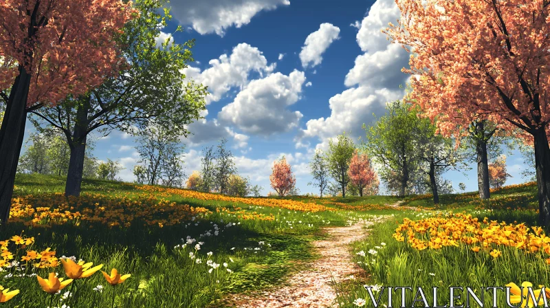 Spring Meadow with Blossoming Trees AI Image