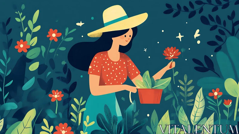 Illustration of Woman Gardening with Flowers AI Image