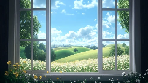 Landscape Through Window With Flowers