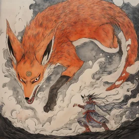 Mystical Fox and Masked Figure Artwork