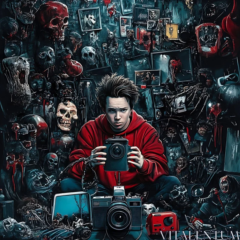 Man with Camera Surrounded by Macabre Imagery AI Image