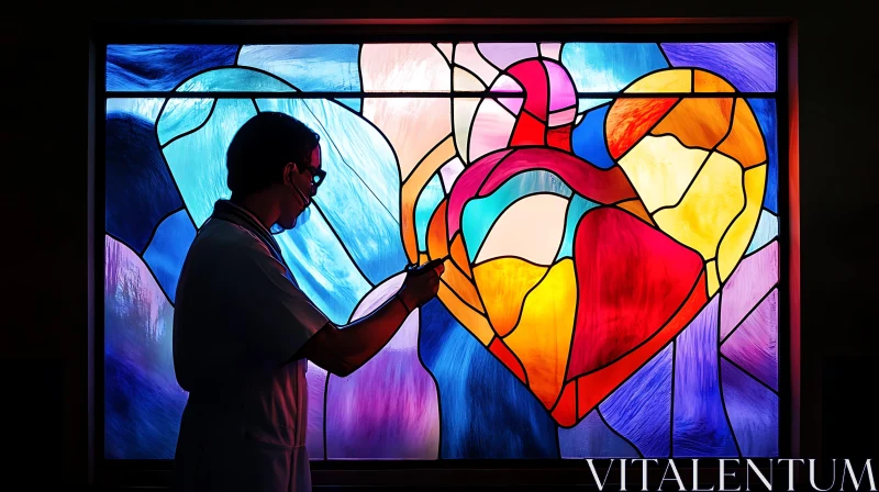 Silhouette Against Heart-Themed Stained Glass Window AI Image