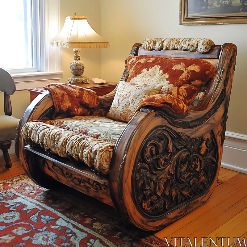 Ornate Carved Armchair with Plush Cushions AI Image