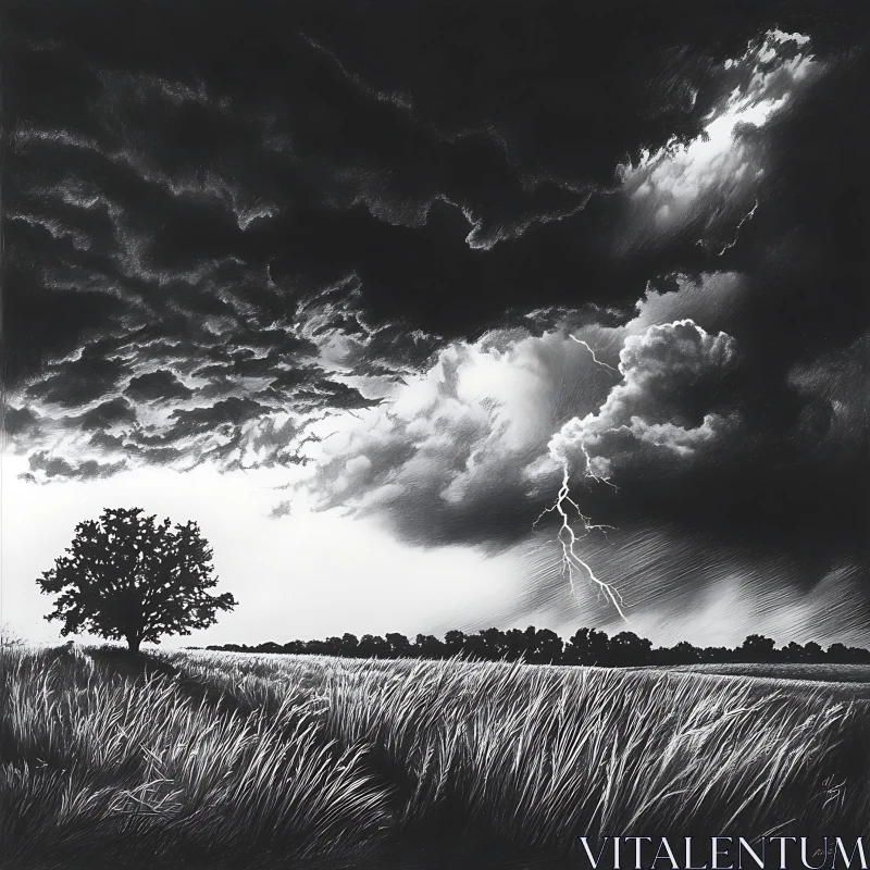 AI ART Dramatic Lightning Over Grassy Field